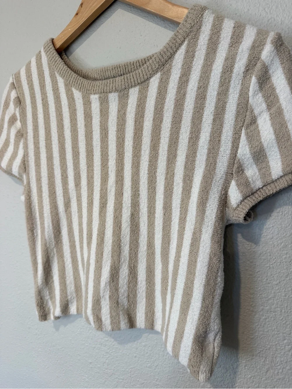 Free People Beach Striped Cream Short-Sleeve Knit Crop Top